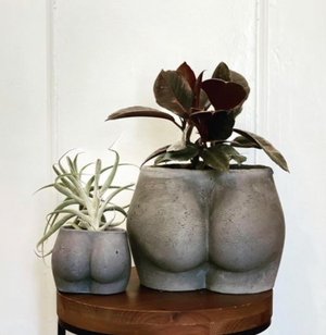 A small booty planter (left) with the large booty planter (right), both created by Queen City Crete, shown side by side for a size comparison. 