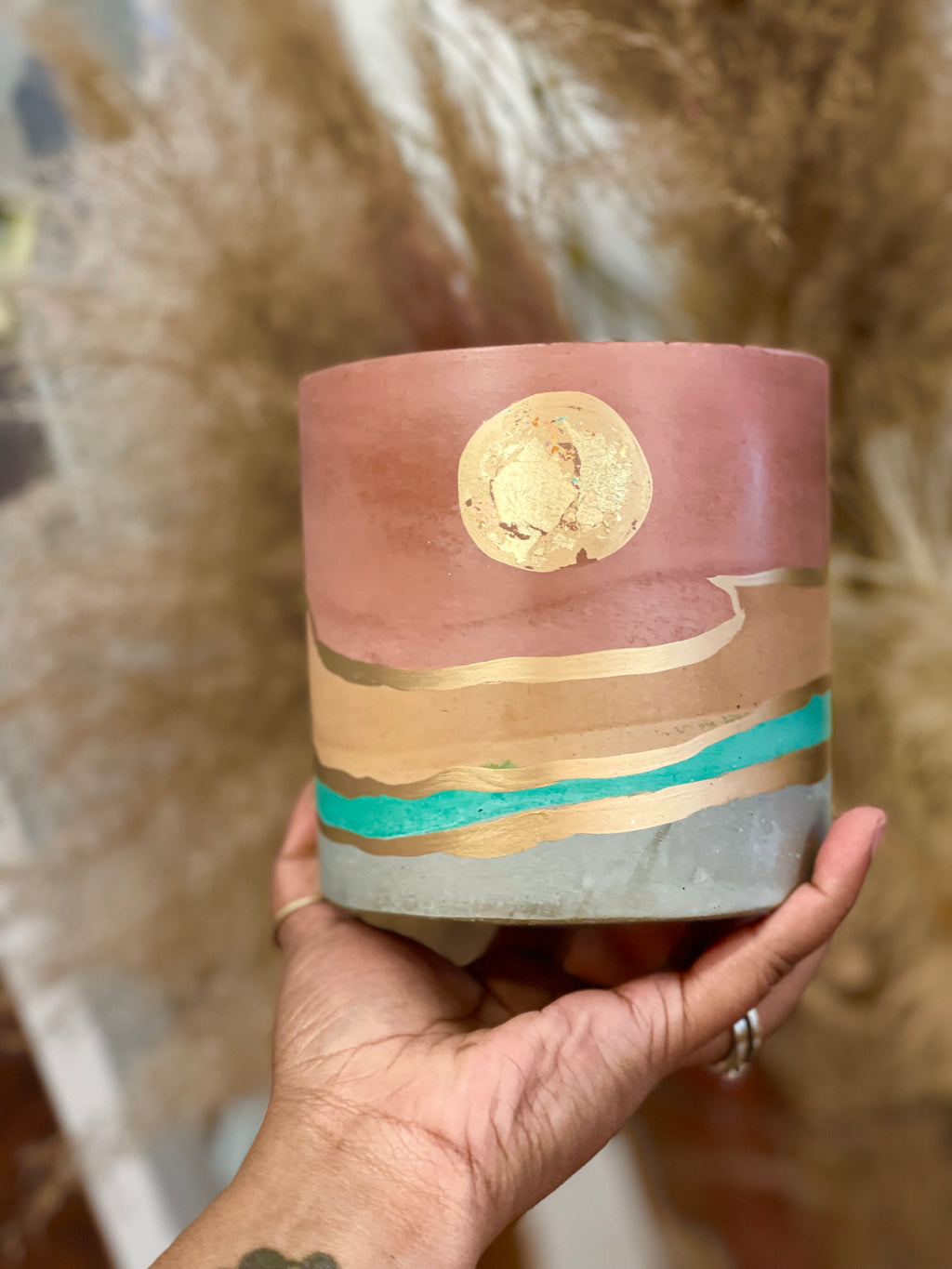 Charlie Moon planter- pink, tangerine, teal, grey